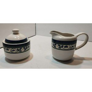 Vtg Pfaltzgraff " Orleans"  Sugar Bowl w/ Lid and Creamer Set Blue Green White